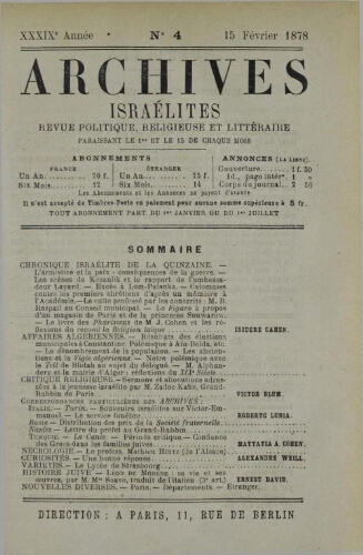 Archives israélites de France. Vol.39 N°04 (15 févr. 1878)